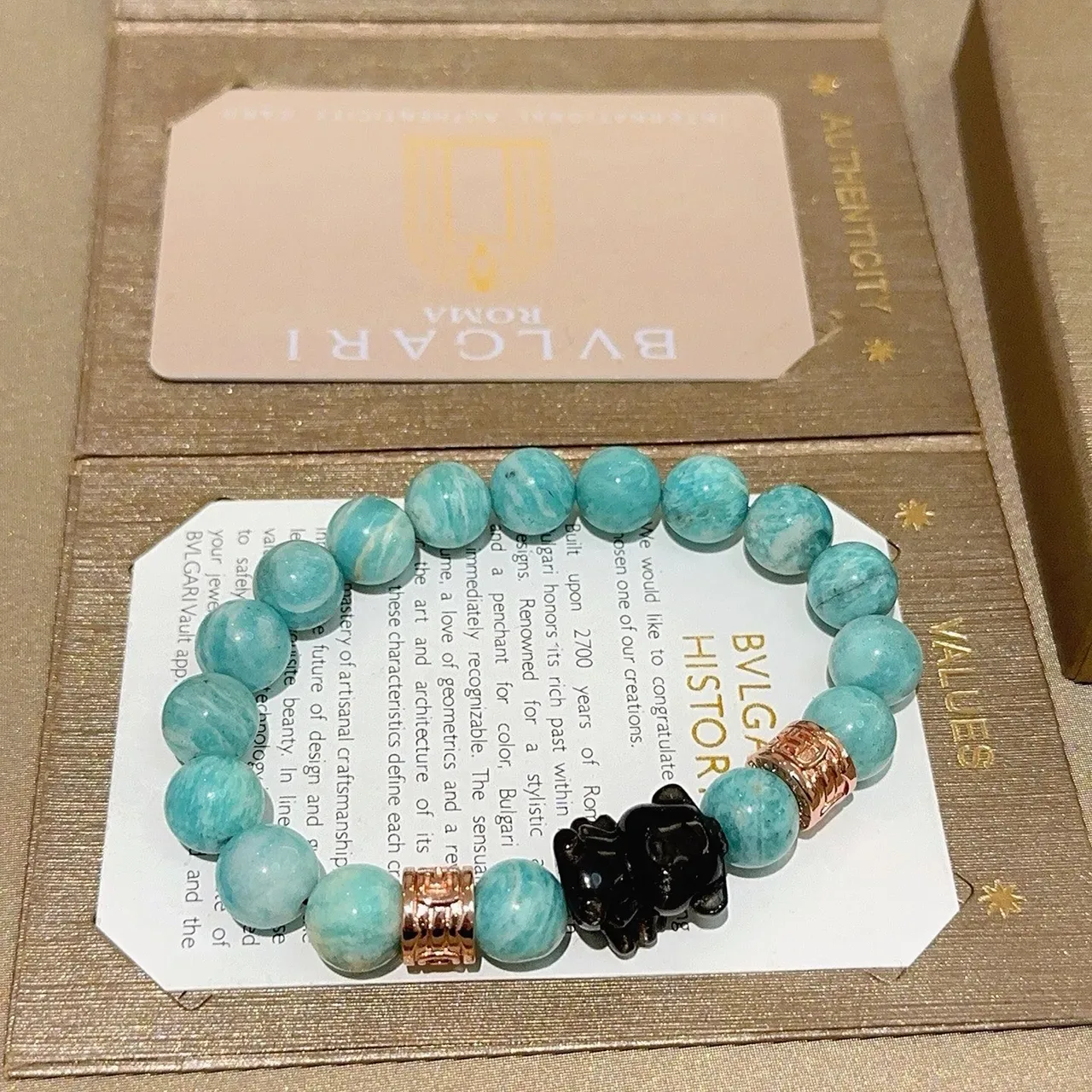 Bvlgari Bracelet Perles Élastique Style Turquoise Amazonite Bleu Noir 6