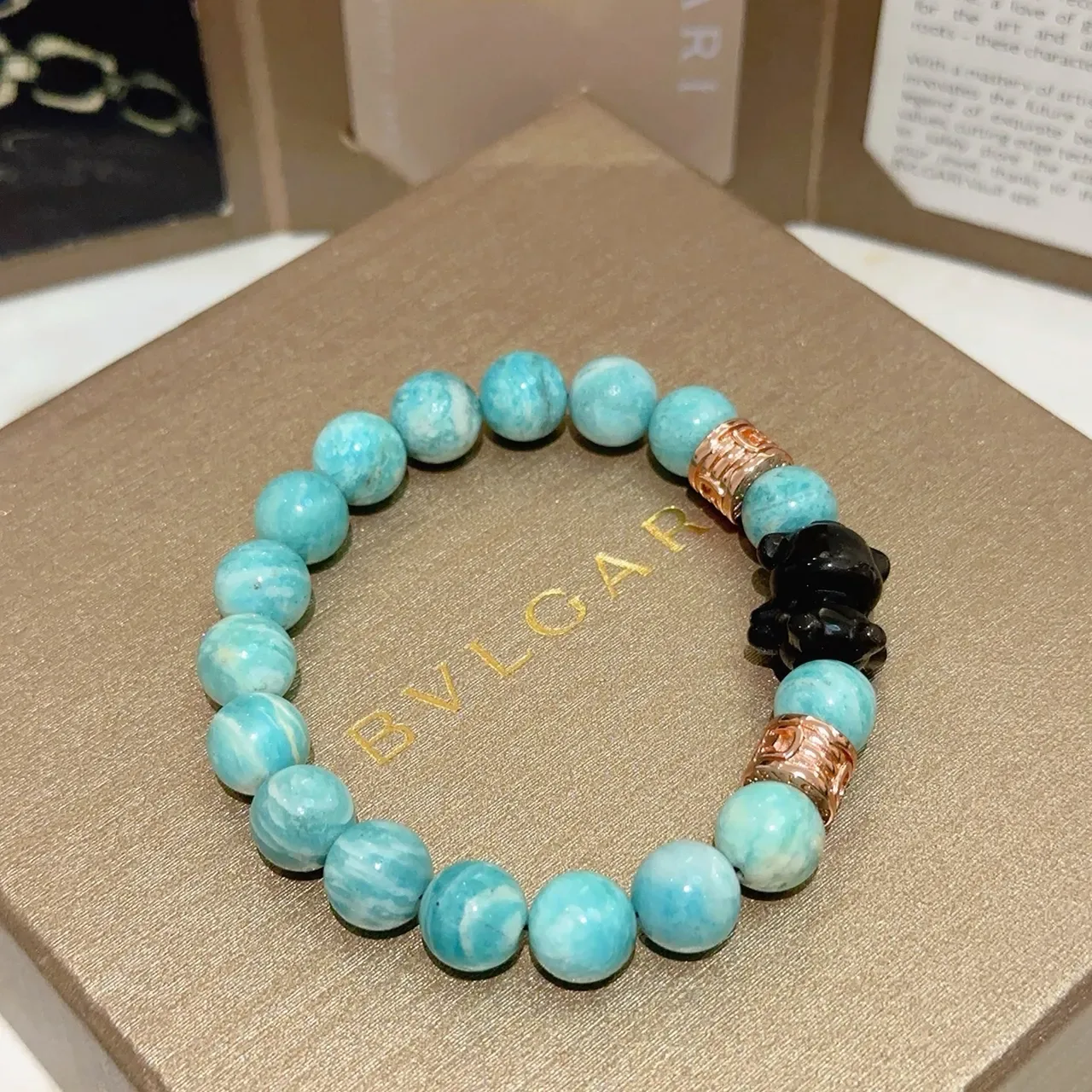 Bvlgari Bracelet Perles Élastique Style Turquoise Amazonite Bleu Noir 7