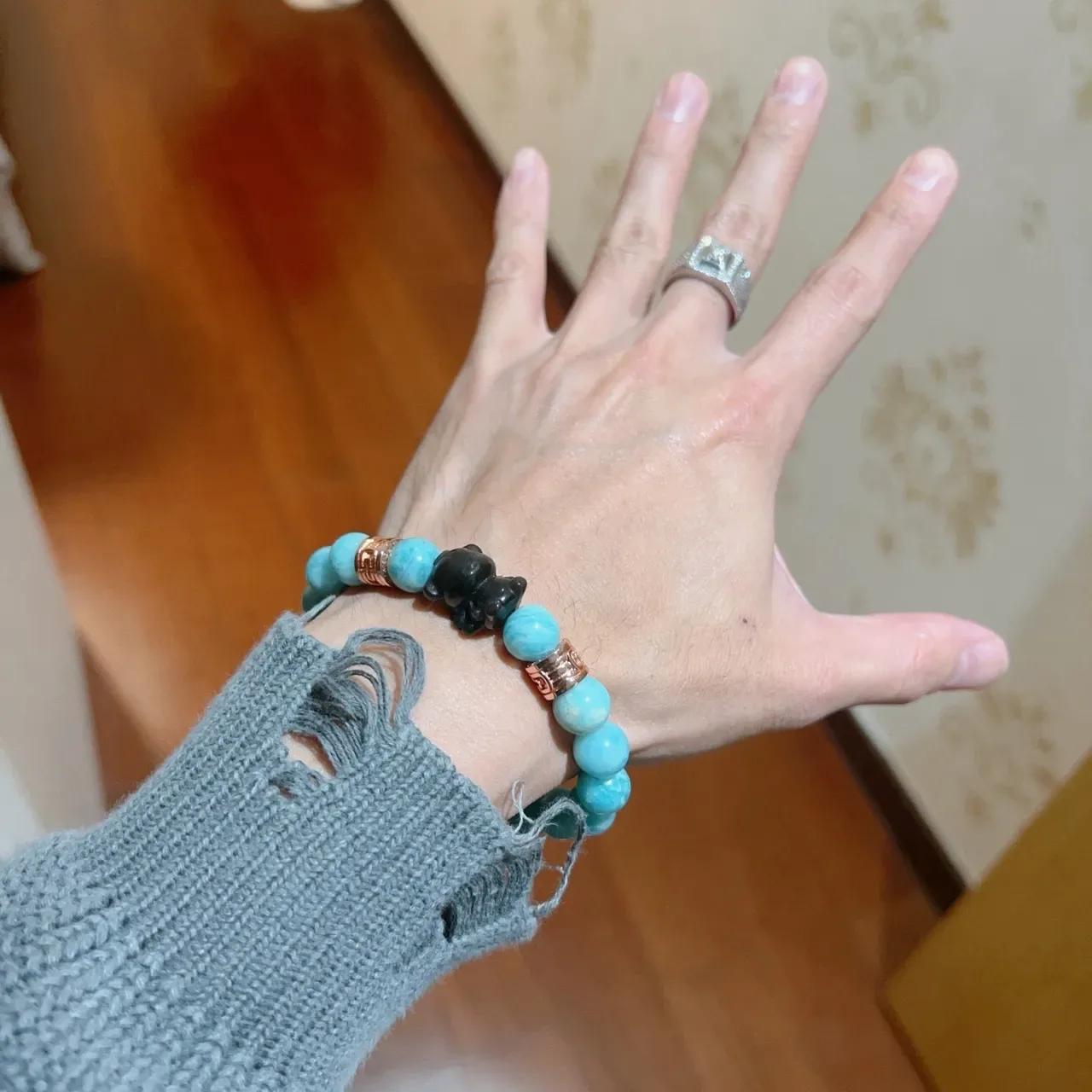 Bvlgari Bracelet Perles Élastique Style Turquoise Amazonite Bleu Noir 8