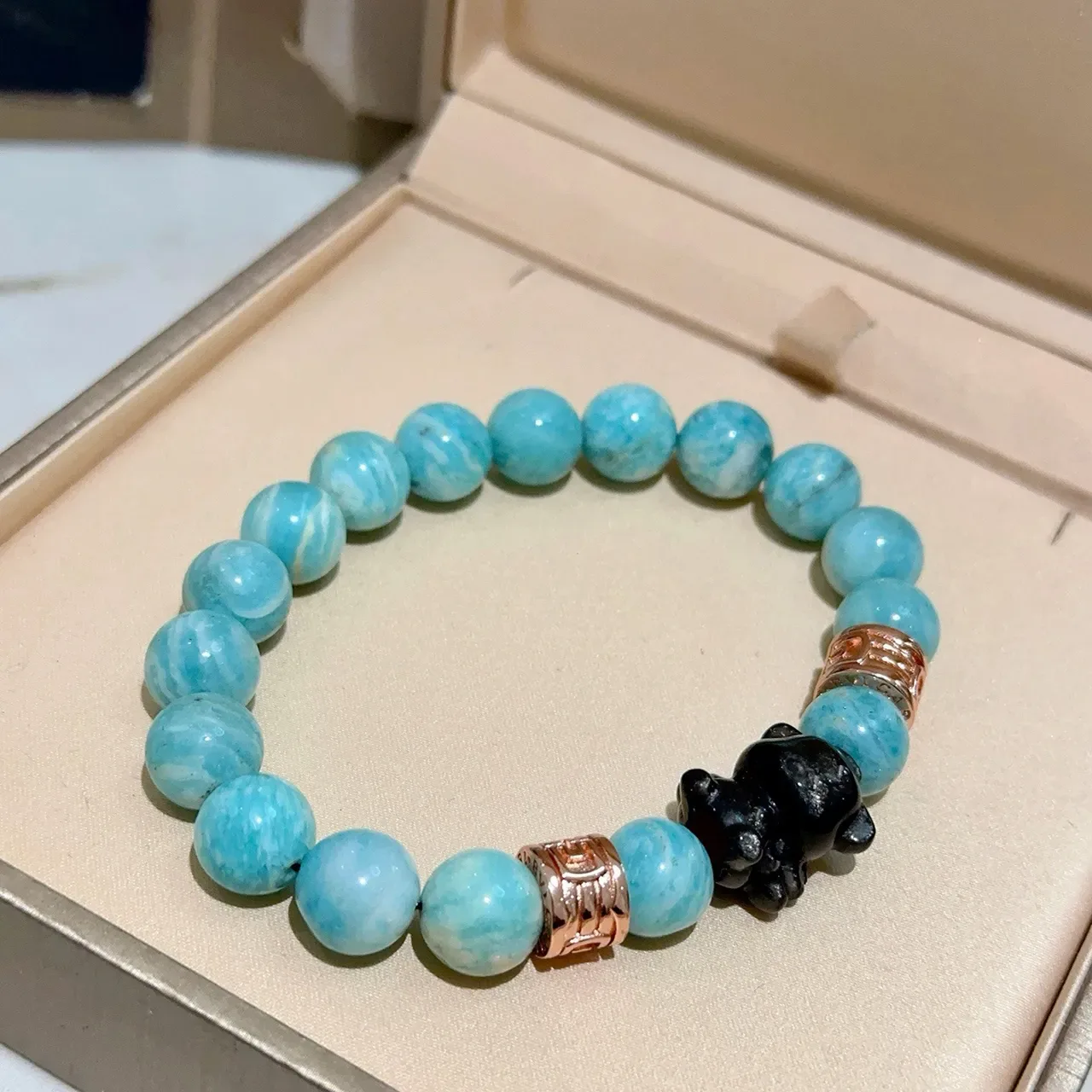 Bvlgari Bracelet Perles Élastique Style Turquoise Amazonite Bleu Noir 9