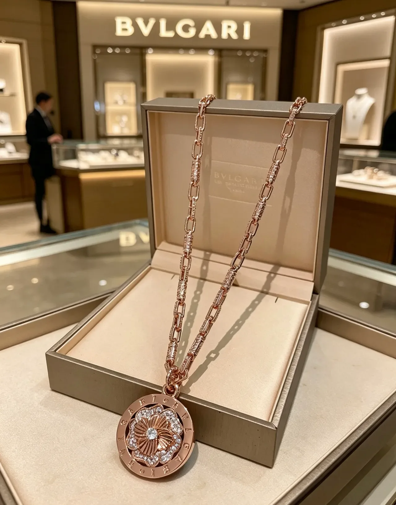 Bvlgari Collier Floral Pendentif en Or Rose avec Diamants Pavé 7