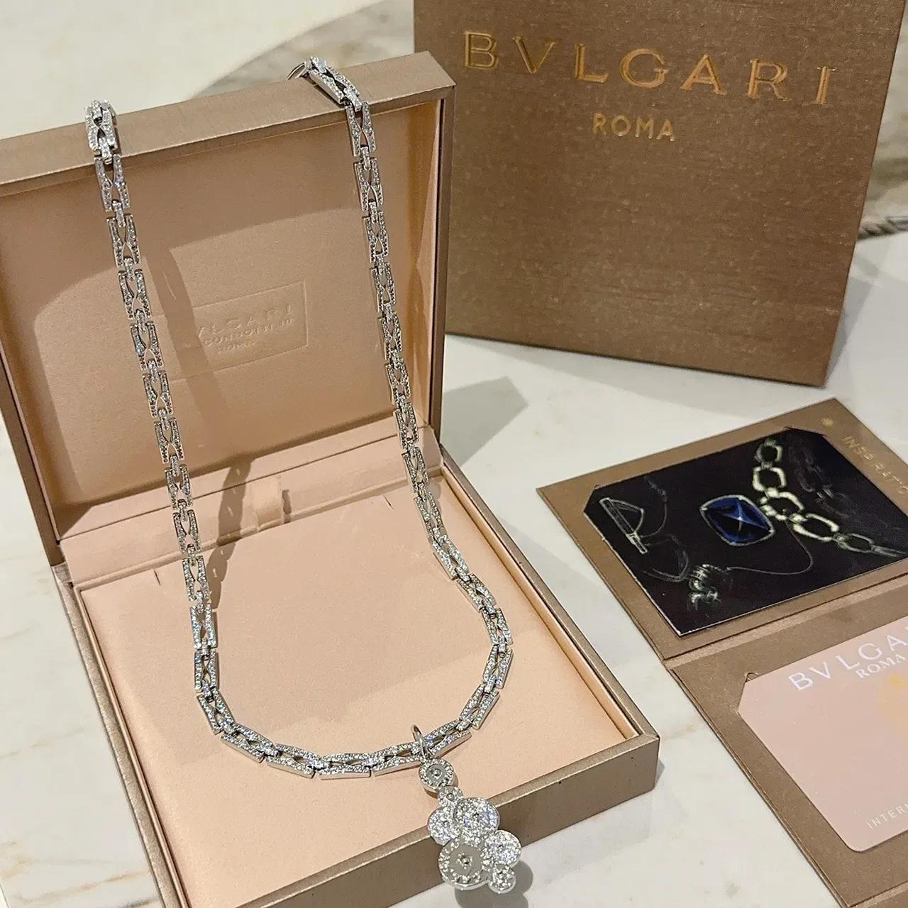Bvlgari Argent Chaîne Transparente Diamants Pavé Pendentif Multi-Disc Collier 4