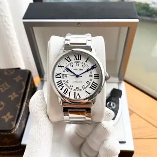 Cartier Ballon Bleu Silver White Round Stainless Steel Case Blue Sword-Shaped Hands Mechanical Watch