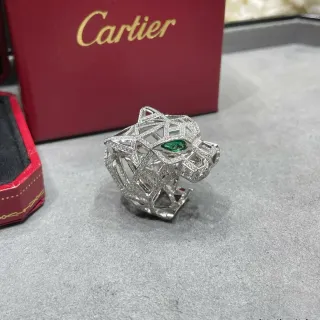 Cartier Panthère Silver Green Geometric Openwork Pavé-Set Diamonds Ring