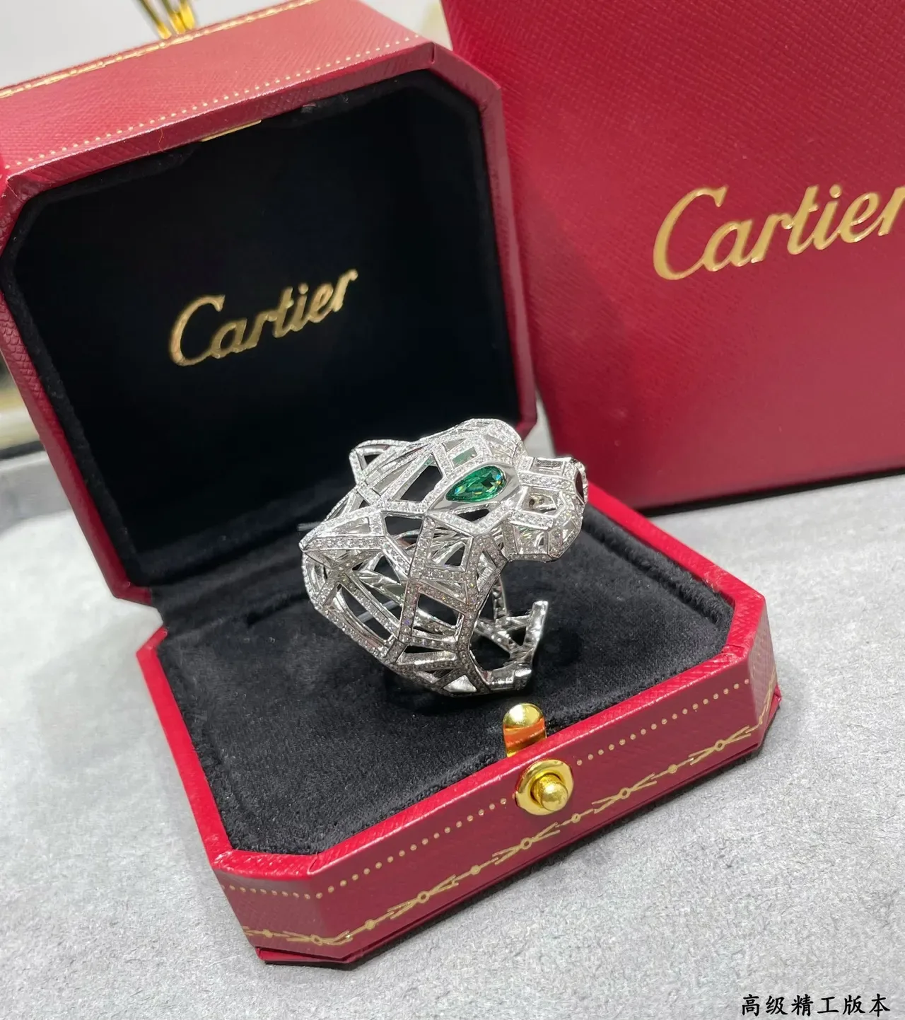 Cartier Panthère চাঁদি সবুজ জ্যামিতিক ওপেনওয়ার্ক পেভ-সেট ডায়মন্ড আংটি 4