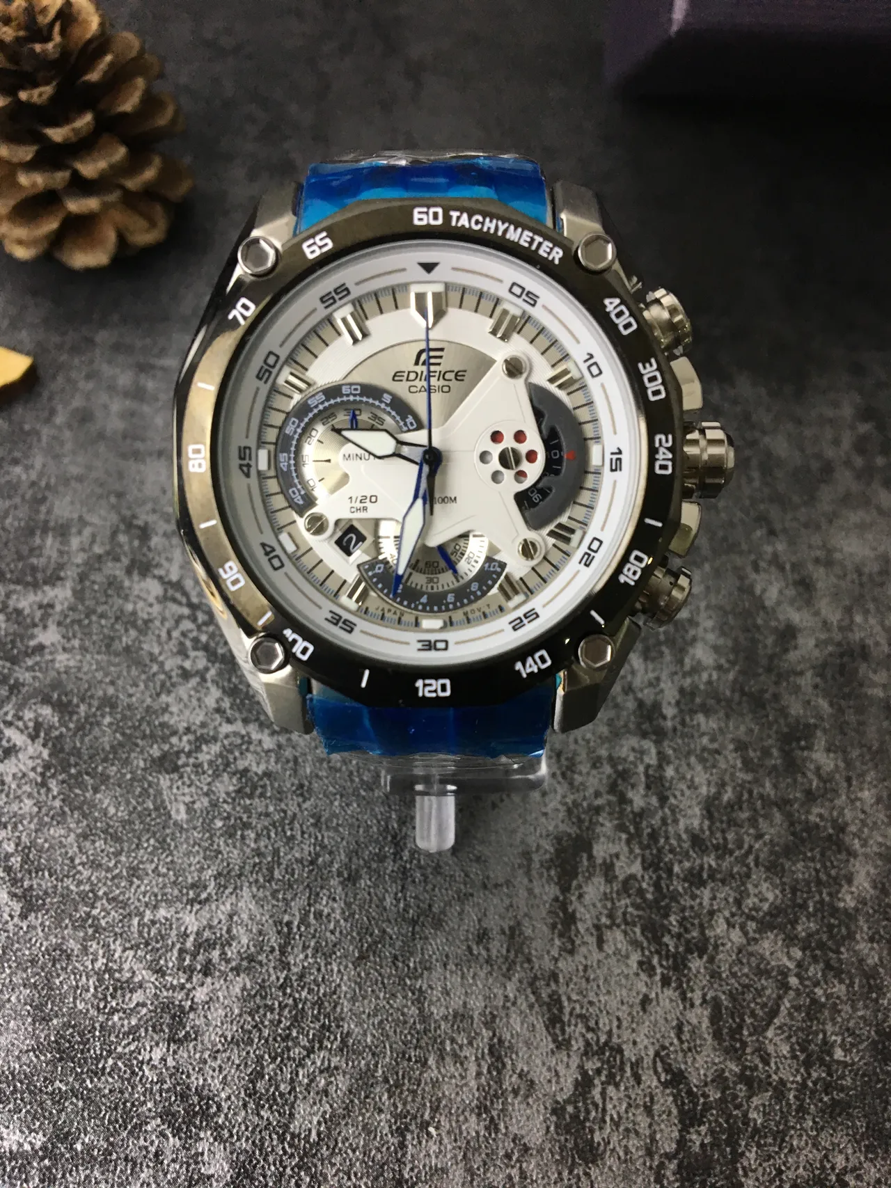 Casio Edifice Plata Azul Reloj Multi-Dial Cronógrafo Bisel Tachímetro 4