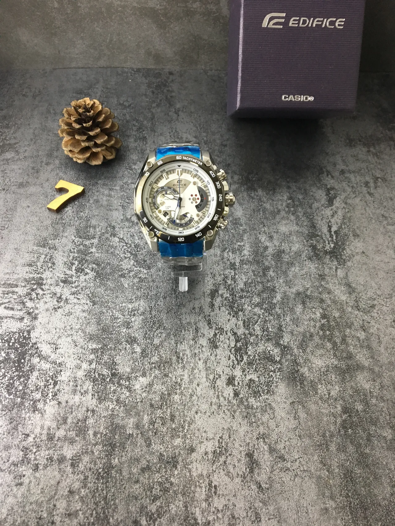 Casio Edifice Plata Azul Reloj Multi-Dial Cronógrafo Bisel Tachímetro 5