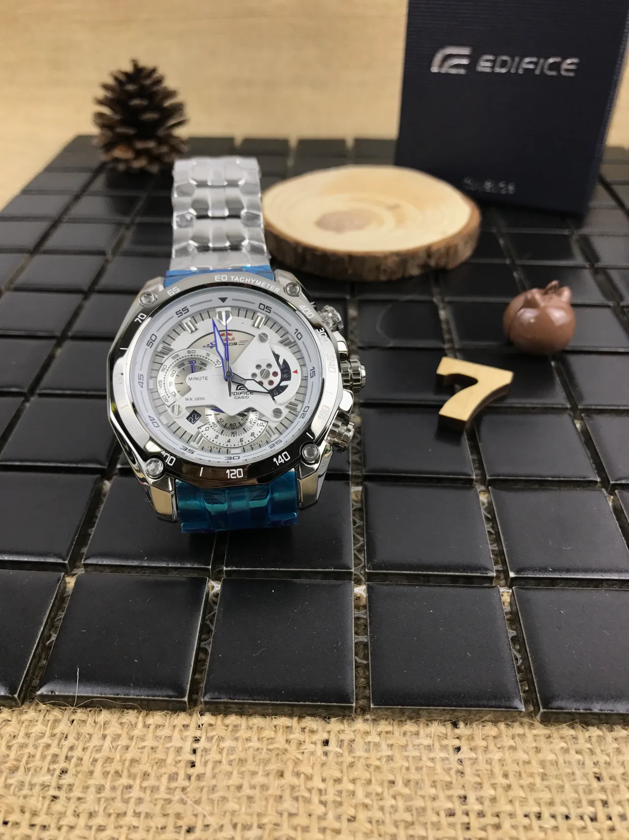 Casio Edifice Plata Azul Reloj Multi-Dial Cronógrafo Bisel Tachímetro 12