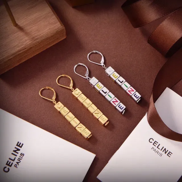 Celine Alphabet Cube Bead Gold Multicolor Lettering Lever-Back Hook Earrings 1
