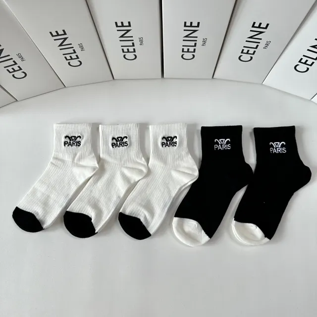 Celine Paris Logo Embroidered Black and White Socks 2