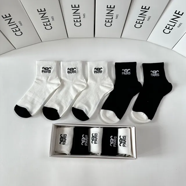 Celine Paris Logo Embroidered Black and White Socks 3