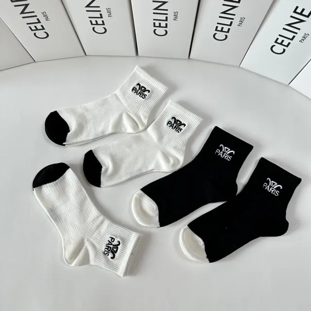 Celine Paris Logo Embroidered Black and White Socks 5