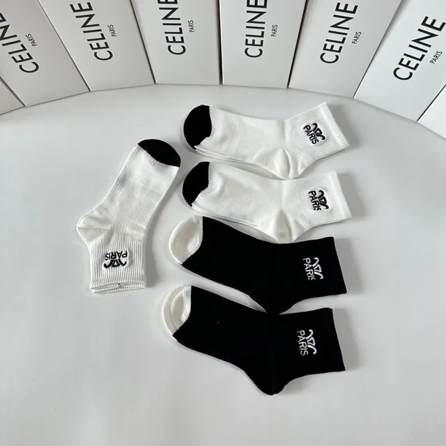 Celine Paris Logo Embroidered Black and White Socks 6