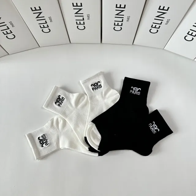 Celine Paris Logo Embroidered Black and White Socks 7