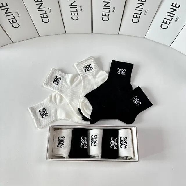Celine Paris Logo Embroidered Black and White Socks 8