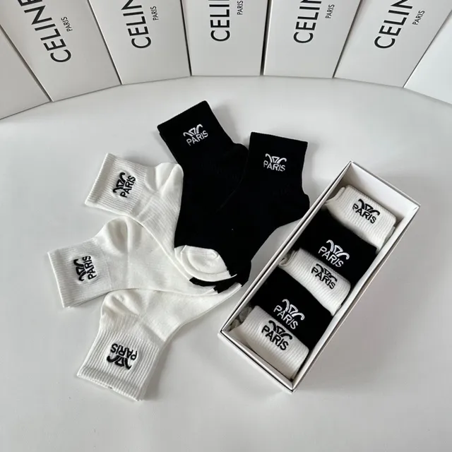 Celine Paris Logo Embroidered Black and White Socks 9