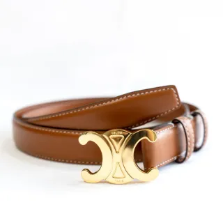Celine Triomphe Brown Gold Smooth Calfskin Contrast White Stitching Leather Belt