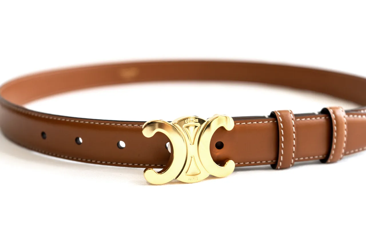 Celine Triomphe Ceinture en cuir marron doré veau lisse couture blanche contrastante 2