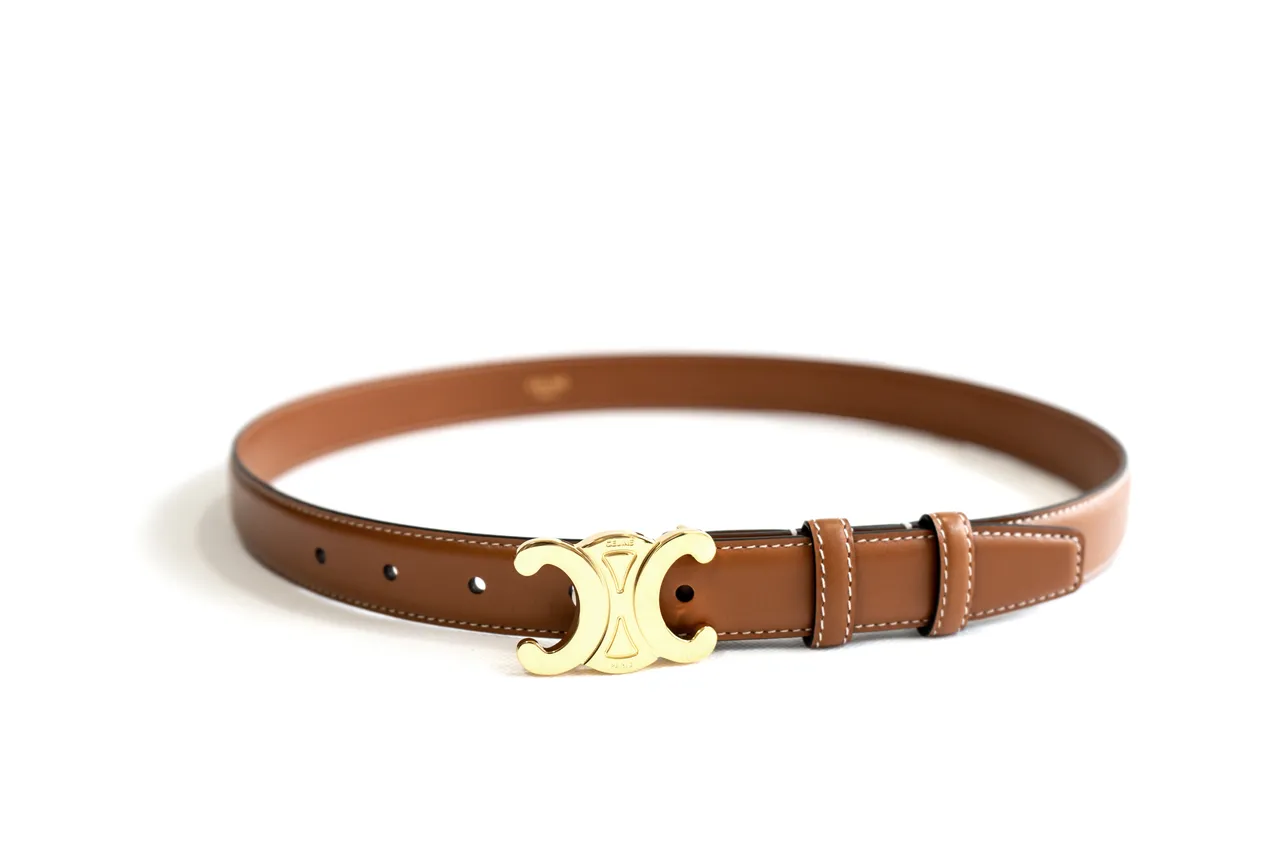 Celine Triomphe Ceinture en cuir marron doré veau lisse couture blanche contrastante 3