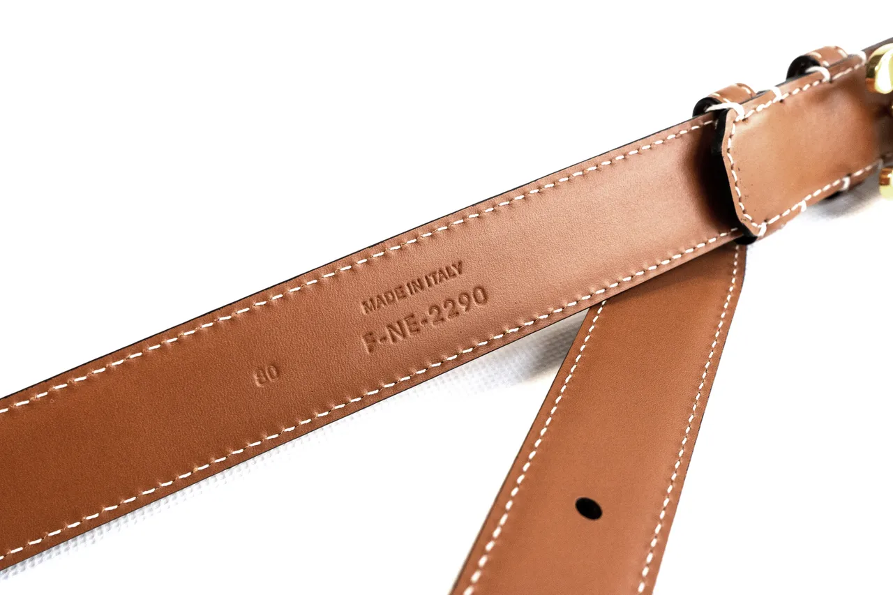 Celine Triomphe Ceinture en cuir marron doré veau lisse couture blanche contrastante 5