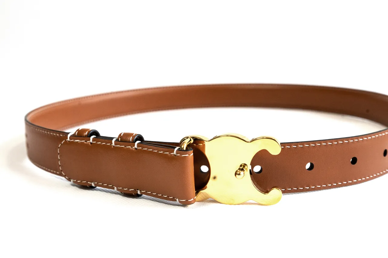 Celine Triomphe Ceinture en cuir marron doré veau lisse couture blanche contrastante 6