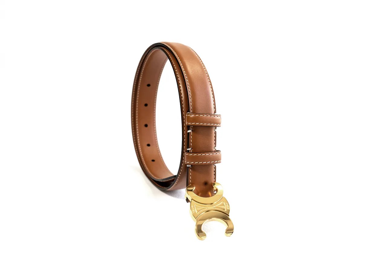 Celine Triomphe Ceinture en cuir marron doré veau lisse couture blanche contrastante 8