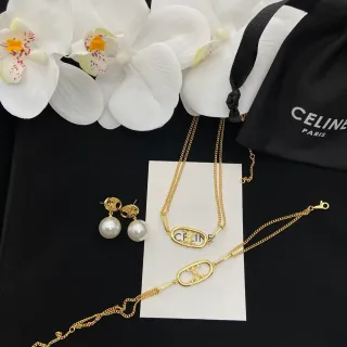 Celine Triomphe Gold White Chain Oval Logo Pendant Necklace