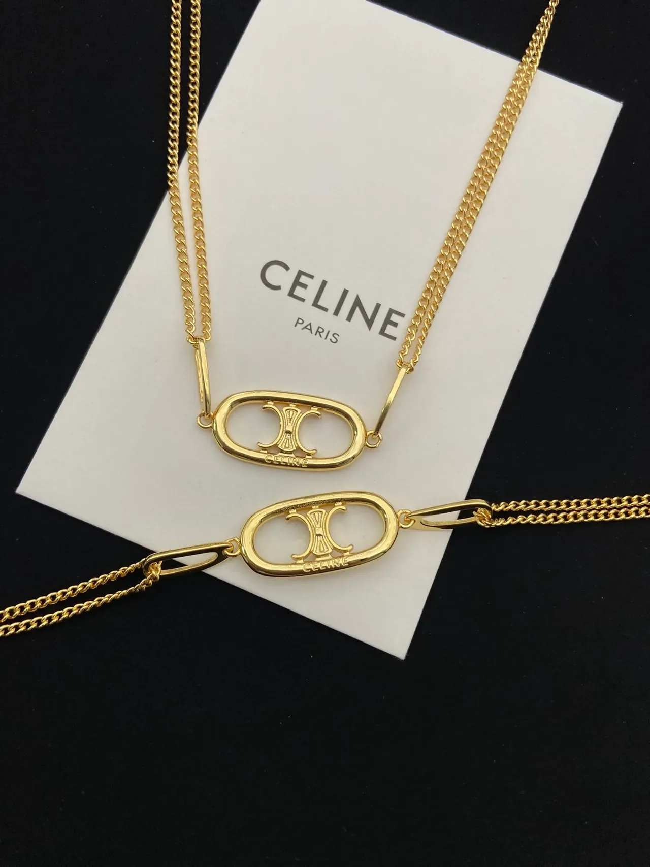 Celine Triomphe Collier Chaîne Or Blanc Pendentif Ovale Logo 3