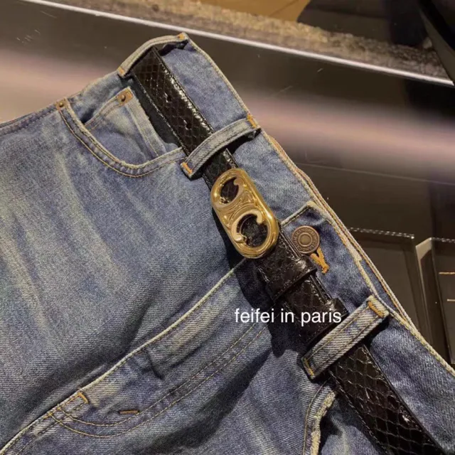 Celine Triomphe Patent Snakeskin Black Leather Belt 18