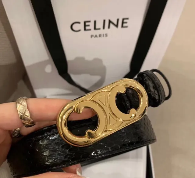 Celine Triomphe Patent Snakeskin Black Leather Belt 19