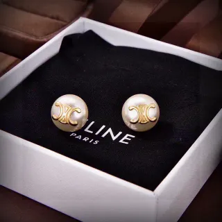 Celine Triomphe Pearl and Gold-Tone Logo Stud Earrings