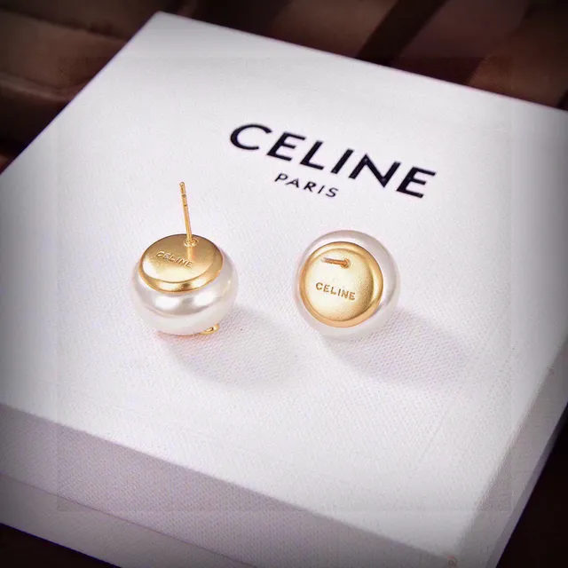 Celine Triomphe لؤلؤي وذهبي اللون لوجو أقراط تثبيت 5
