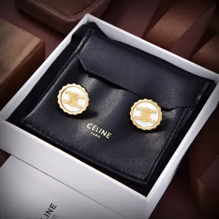 Celine Triomphe White Enamel and Gold-Tone Scalloped Stud Earrings