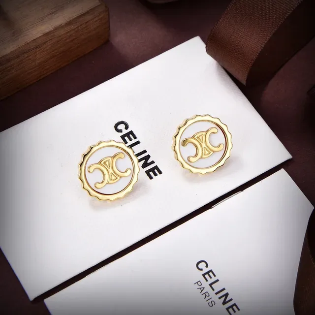 Celine Triomphe White Enamel and Gold-Tone Scalloped Stud Earrings 2