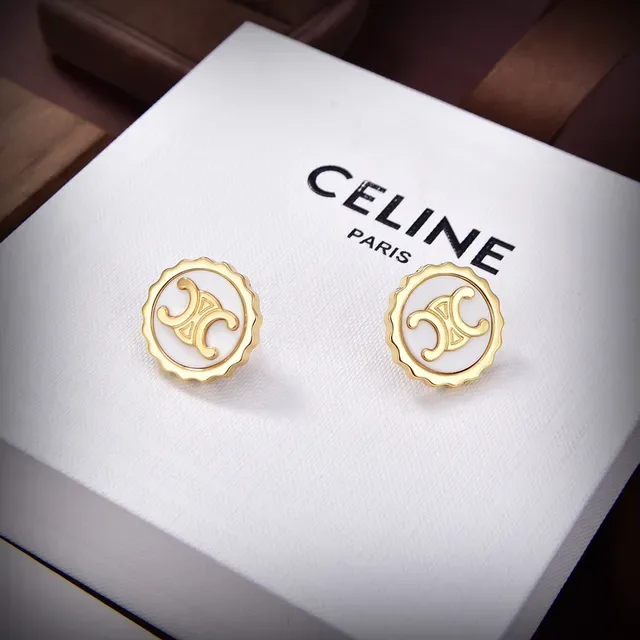Celine Triomphe White Enamel and Gold-Tone Scalloped Stud Earrings 3