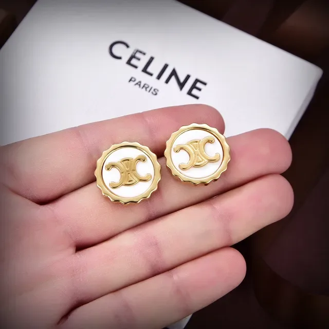 Celine Triomphe White Enamel and Gold-Tone Scalloped Stud Earrings 6