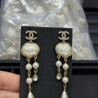Chanel Beige Gold Interlocking CC Logo Resin Plaque Earrings