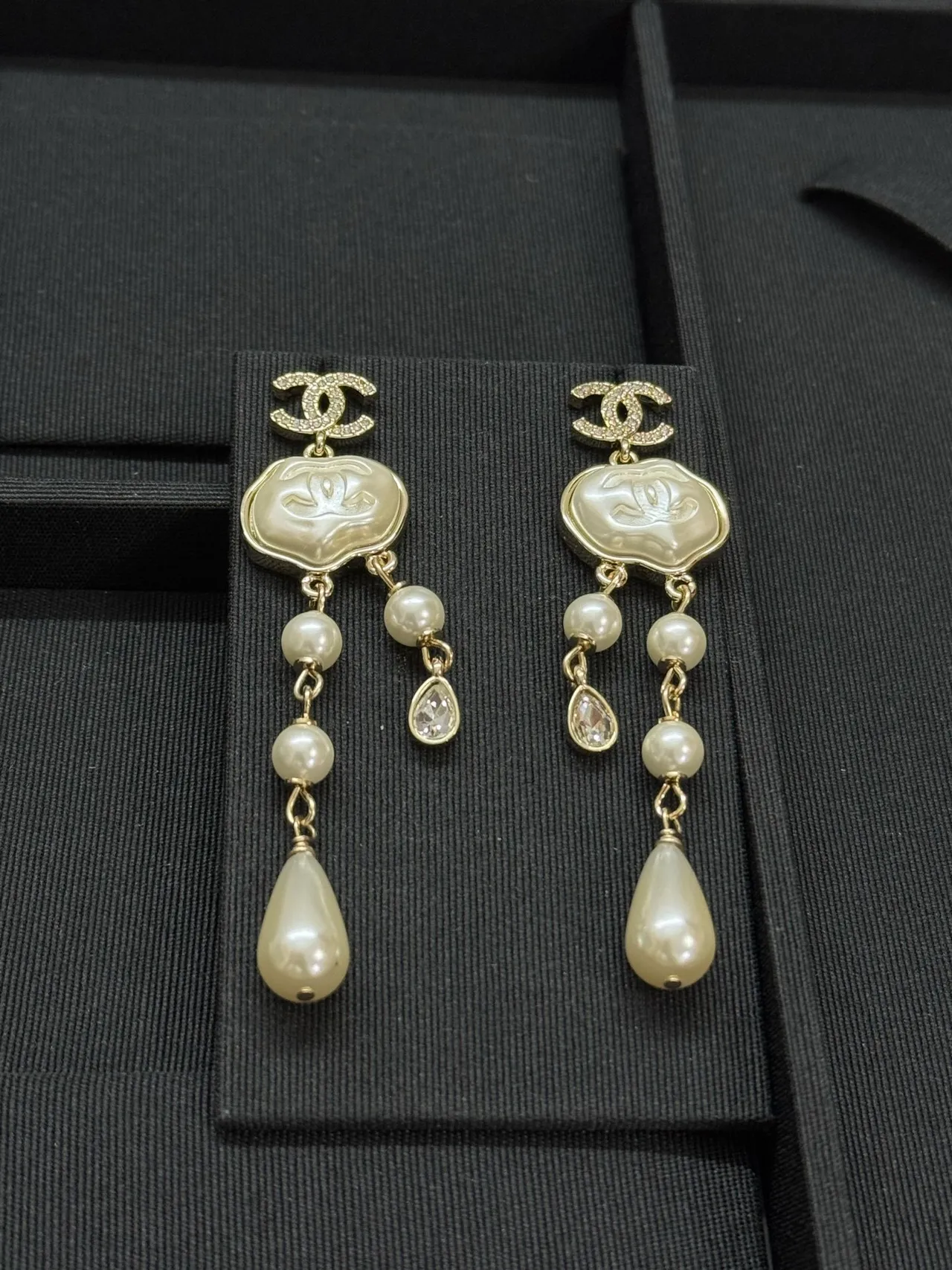 Chanel Beige Gold Interlocking CC Logo Resin Plaque Earrings 4