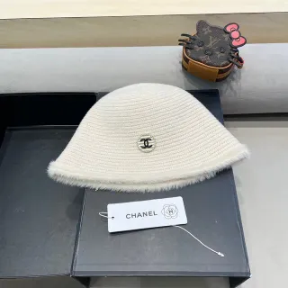 Chanel Beige Gold Ribbed Knit Fuzzy Trim Bucket Hat