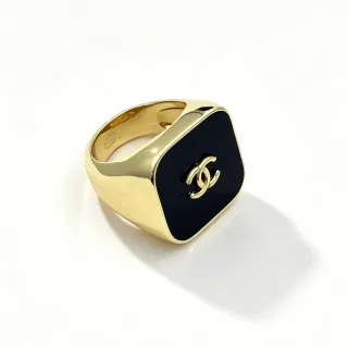 Chanel Black Gold Square Signet Enamel Ring
