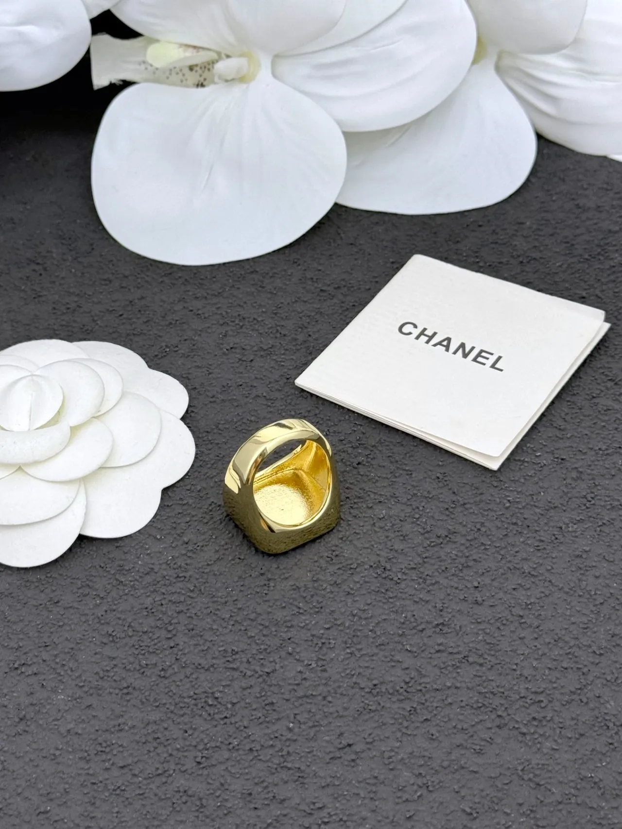 Chanel Black Gold Square Signet Enamel Ring 3