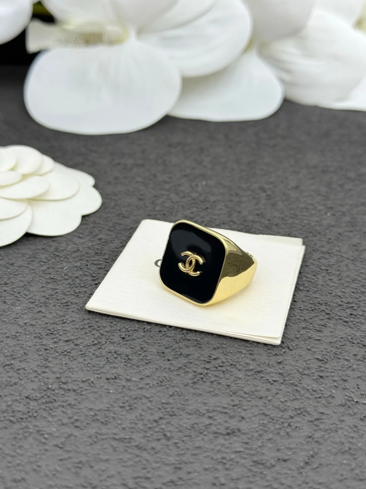 Chanel Black Gold Square Signet Enamel Ring 4