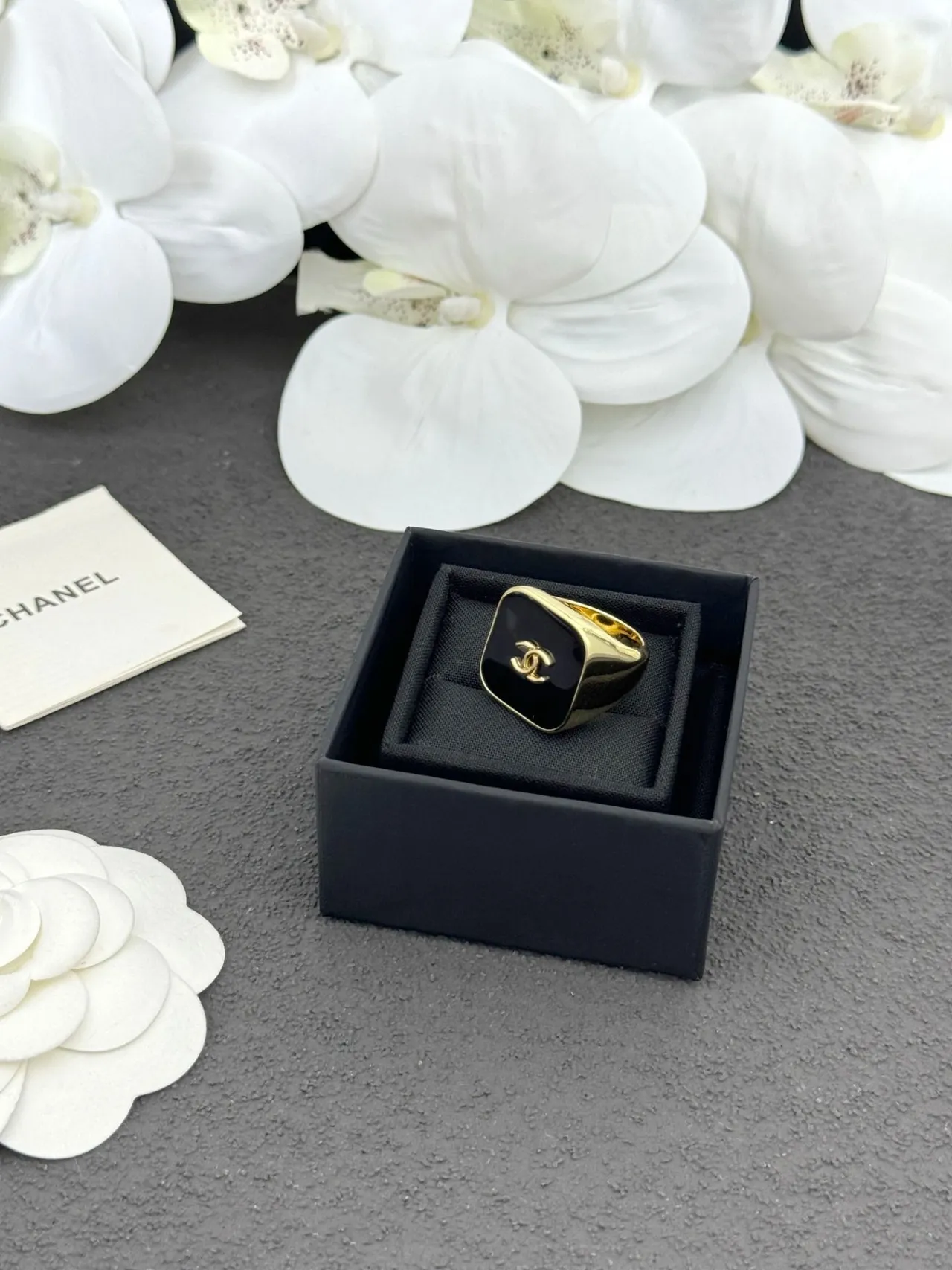 Chanel Black Gold Square Signet Enamel Ring 6