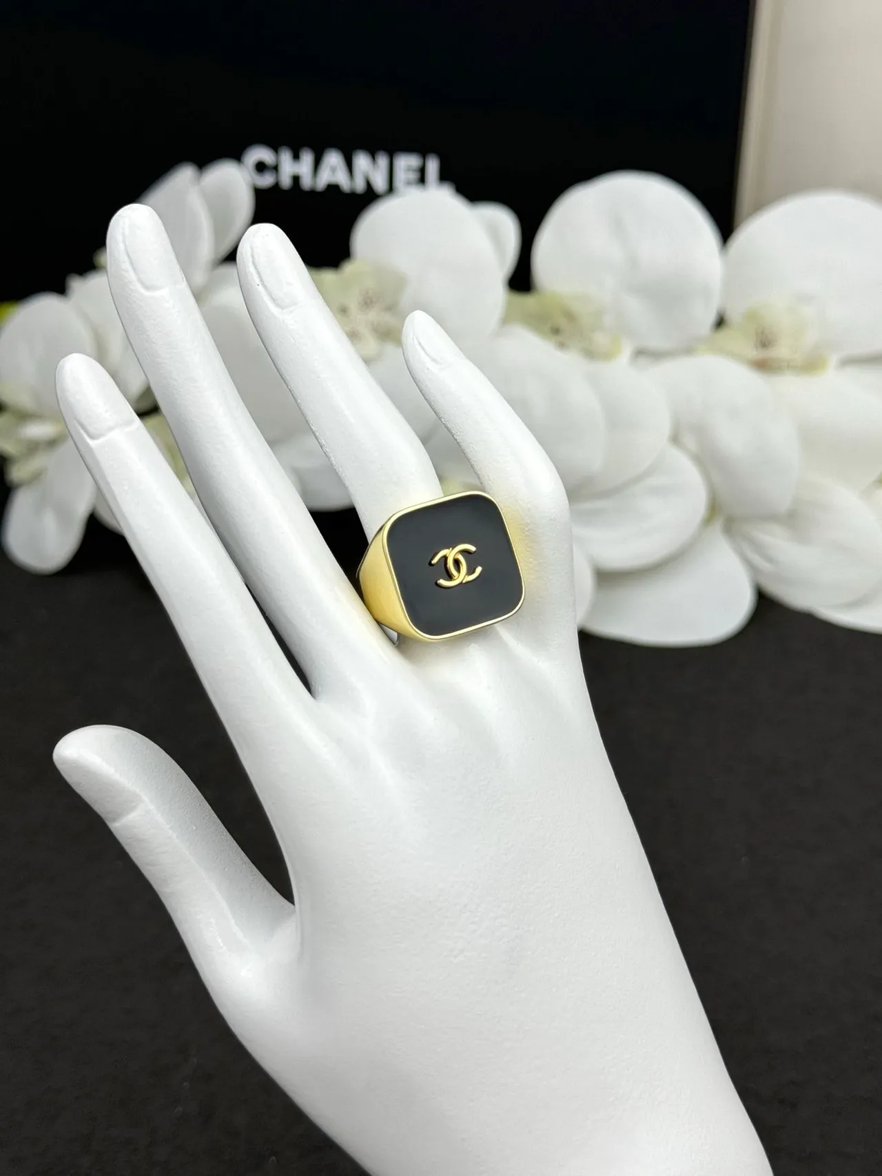 Chanel Black Gold Square Signet Enamel Ring 7