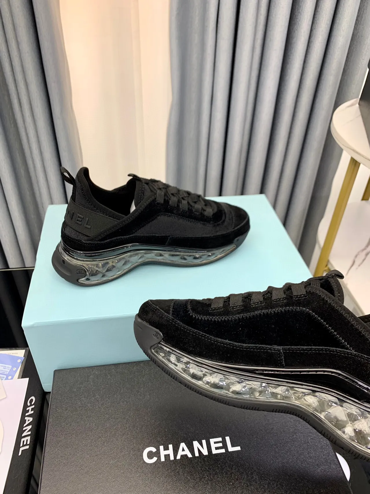 Chanel Black Transparent Velvet Upper Bubble Sole Lifestyle Sneakers 3