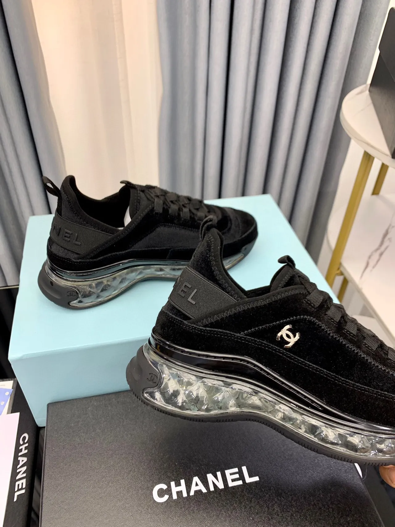Chanel Black Transparent Velvet Upper Bubble Sole Lifestyle Sneakers 4