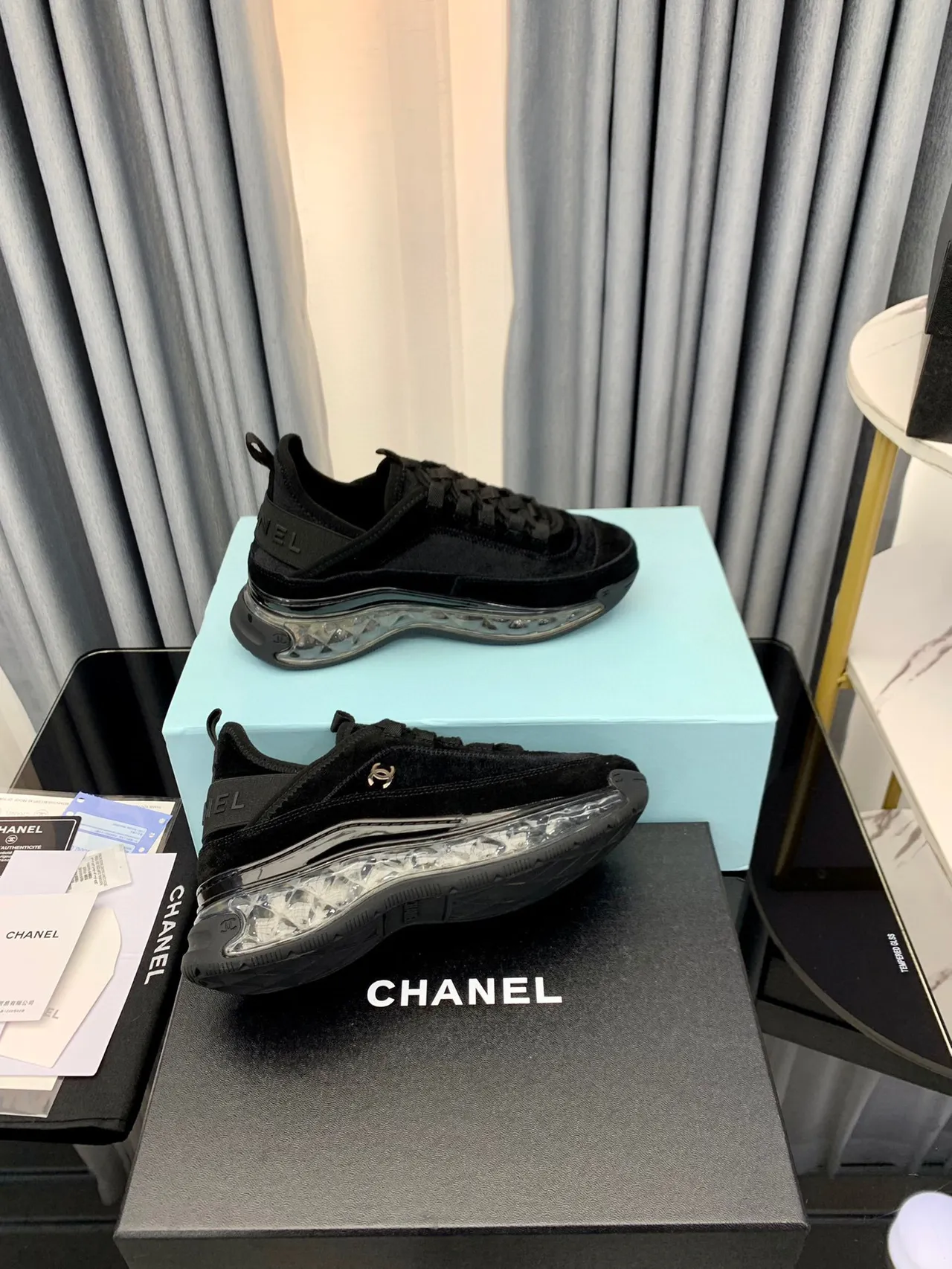 Chanel Black Transparent Velvet Upper Bubble Sole Lifestyle Sneakers 5