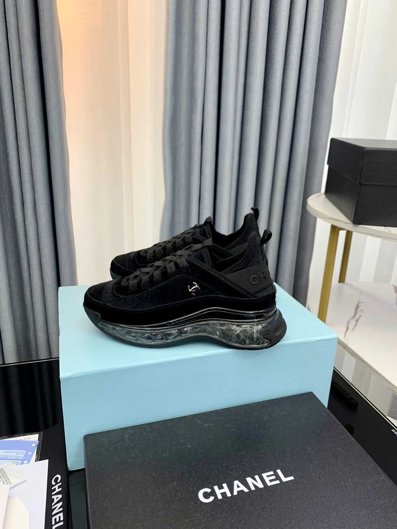 Chanel Black Transparent Velvet Upper Bubble Sole Lifestyle Sneakers 6