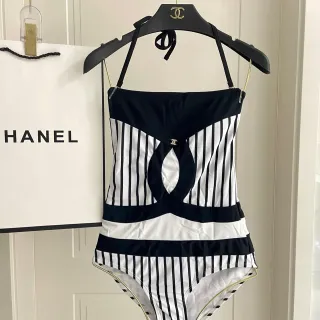 Chanel Black White Halter-Neck Striped Swimwear