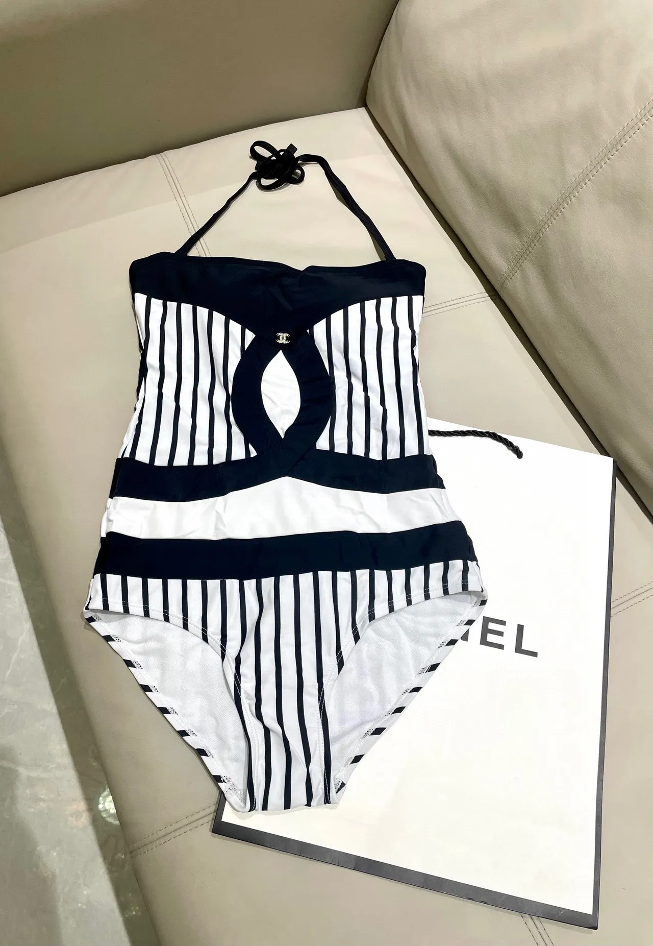 Chanel Black White Halter-Neck Striped Swimwear 4